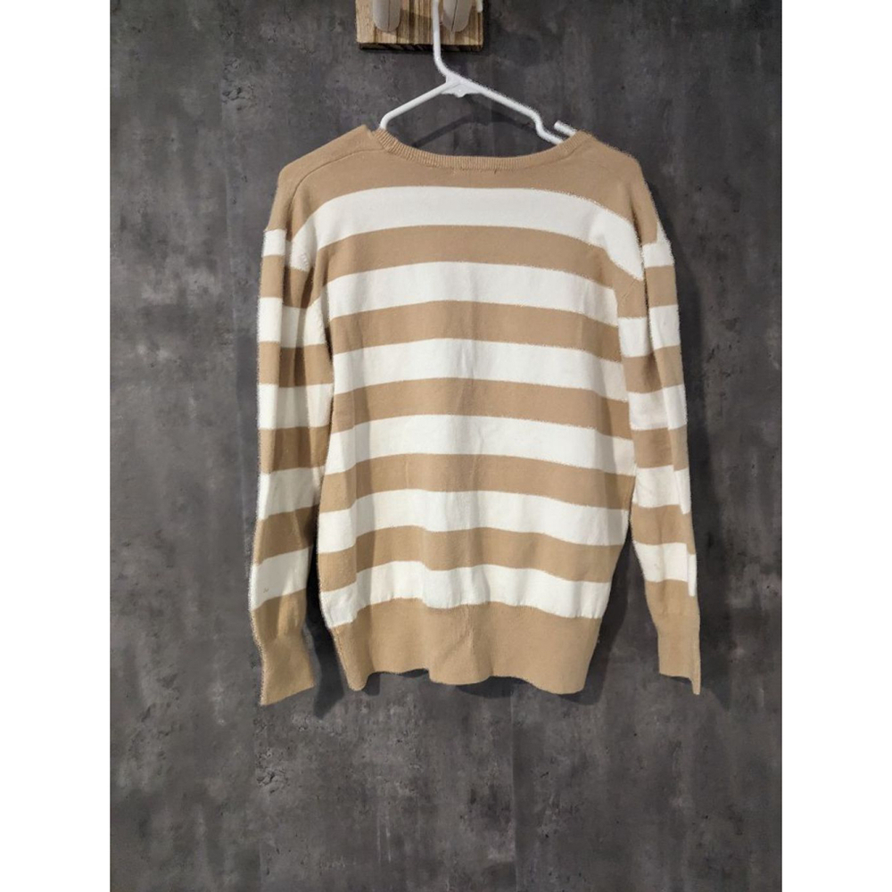 Women's 525 America Striped V-Neck Sweater - Tan and White - Size M - Picture 8 of 10